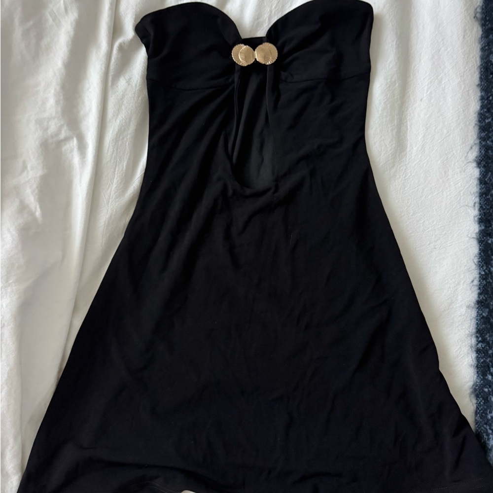 Tiger Mist Black Strapless Dress with Gold Details